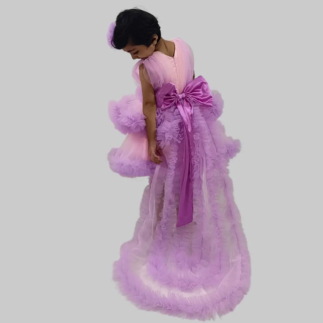 Purple Frock With Detachable Long Tail And Flower Hair Pin For Girls image 2