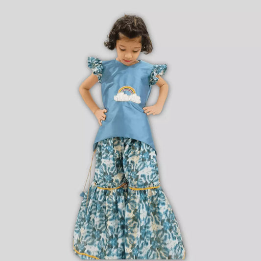 Hand Embroidered Blue A Line Kurti With Dyed Sharara Pant image 0