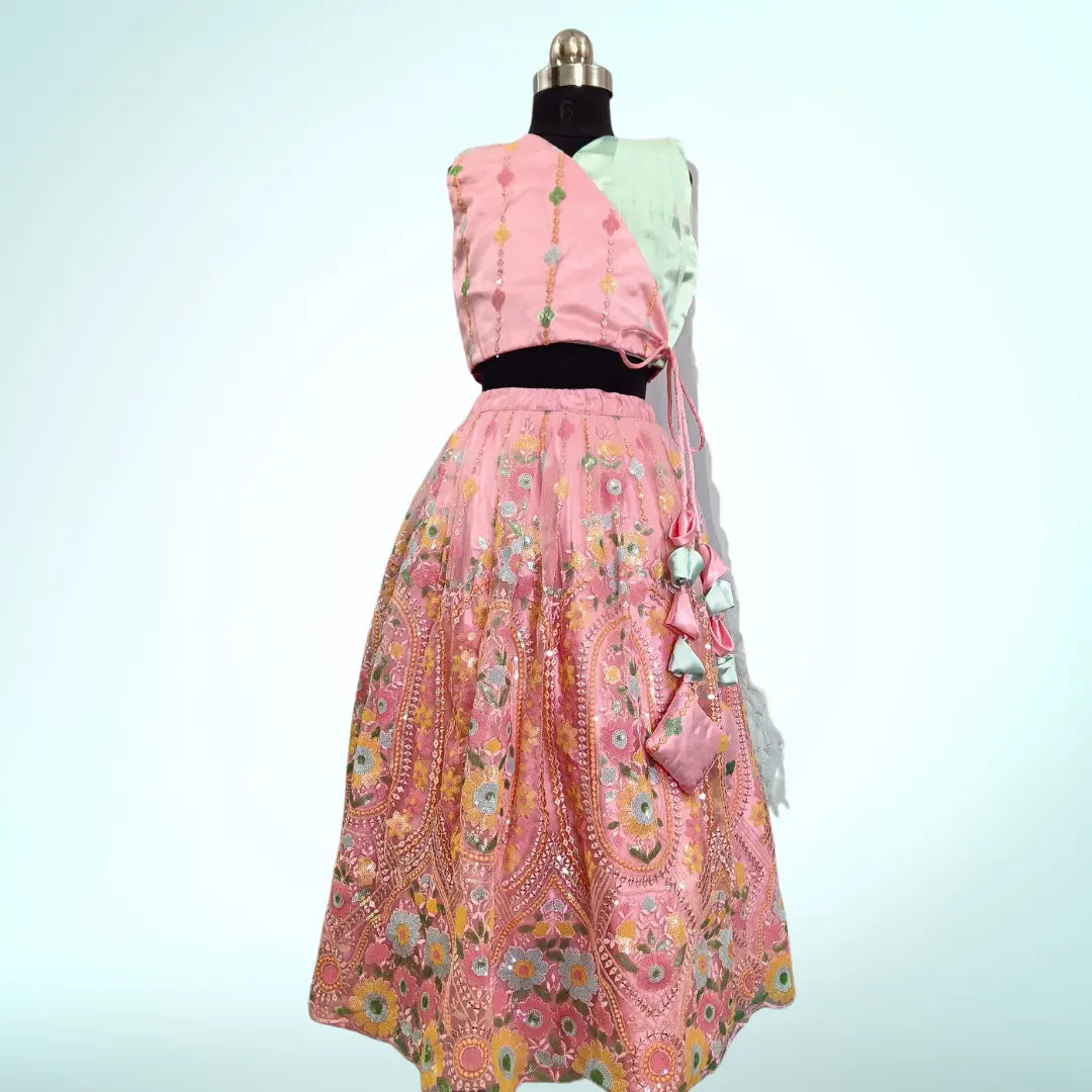 Pink Floral Embroidery Crop Top & Lehenga For Girls image 0