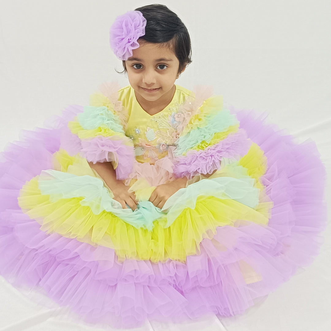 MultiColor Ruffle Layered Frock With Embroidery Work And Flower Hair Pin For Girls image 1