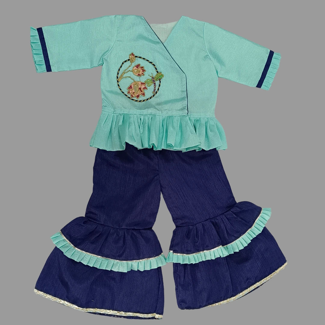 Lotus Embroidered Angarkha Style Blue Kurta & Palazzo Pant For Girls image 1