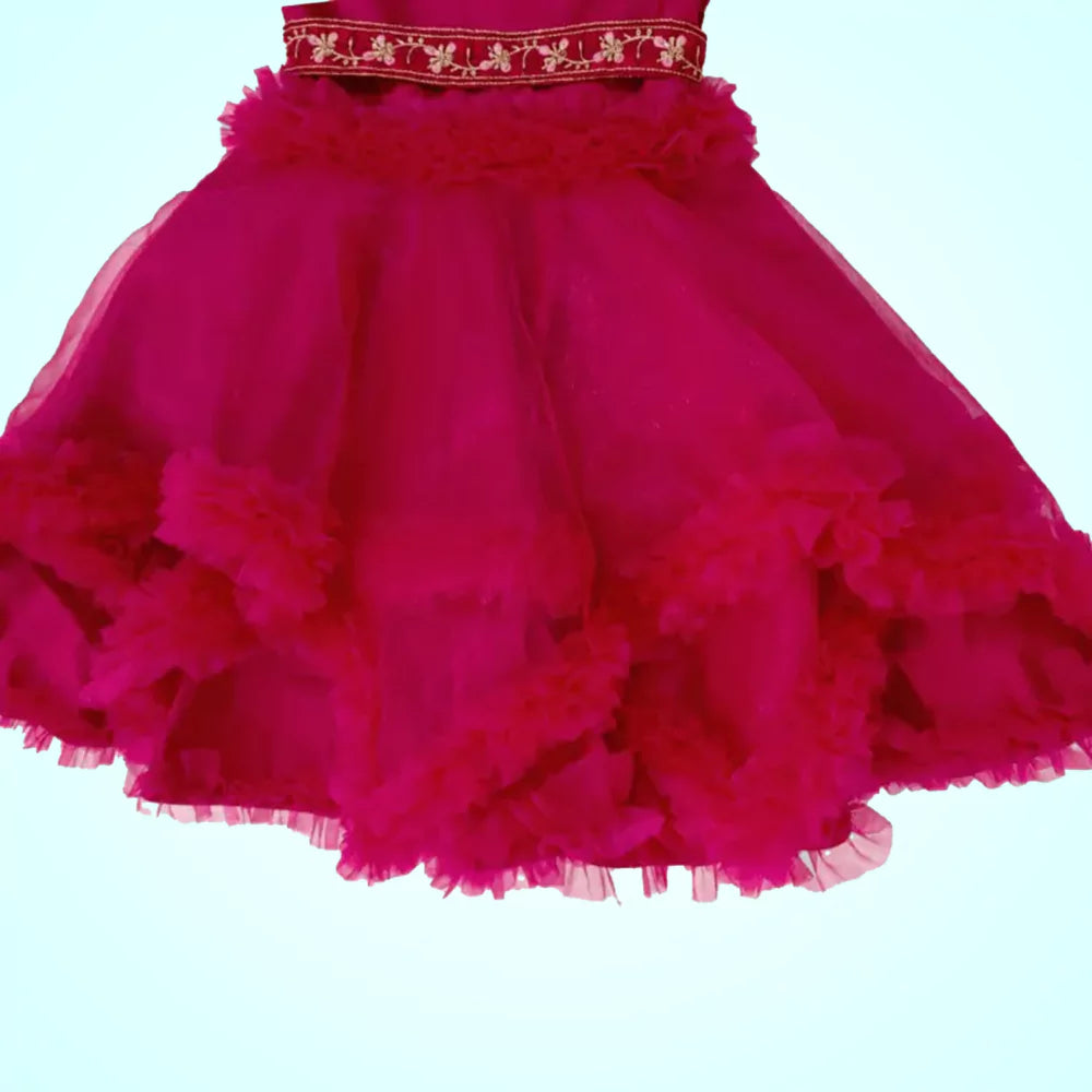 Pink Handkerchief Frock With Flower Embellished On Sleeves image 1