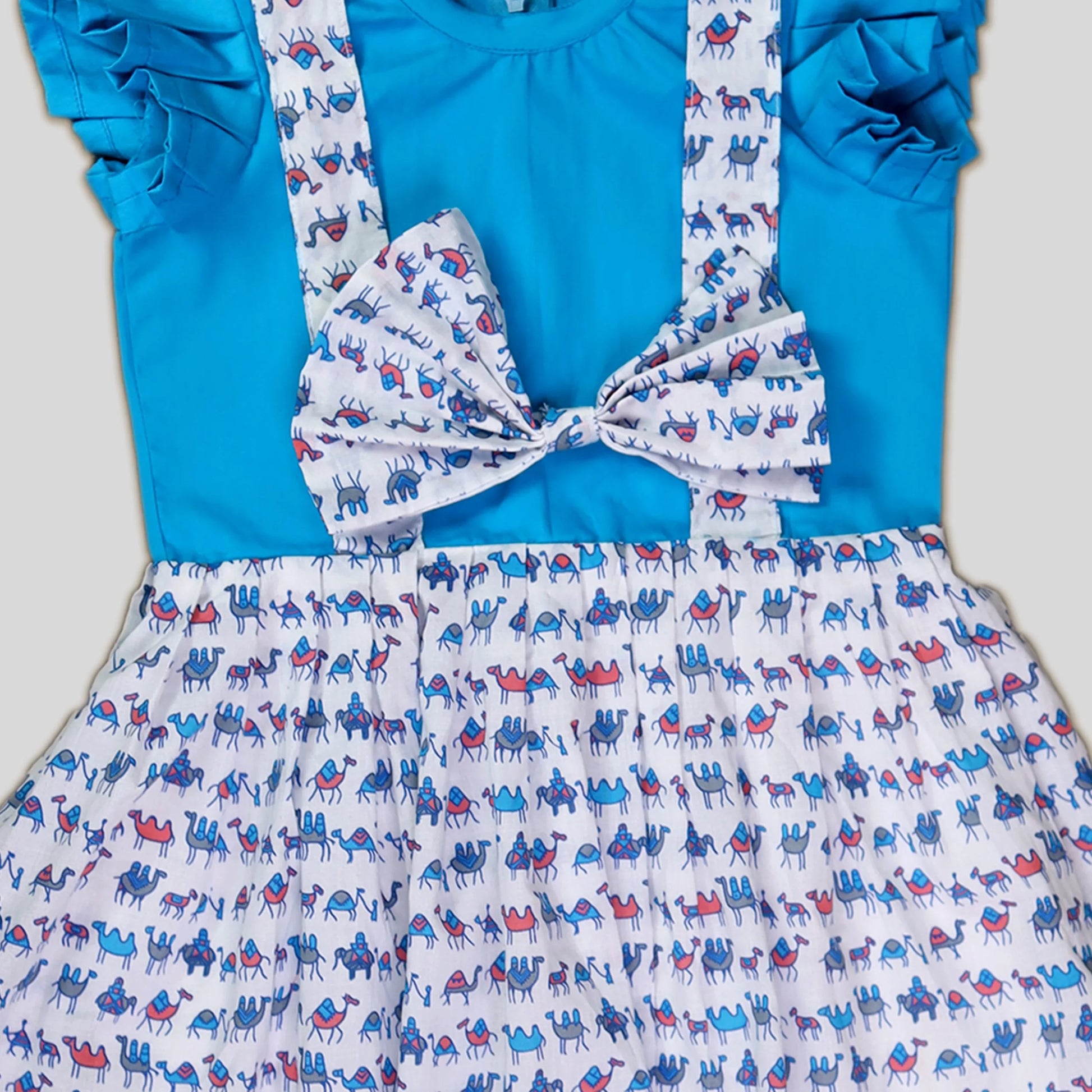 Ruffled Sleeves Frock With Suspenders & Bow Applique Animal Print - Blue image 1