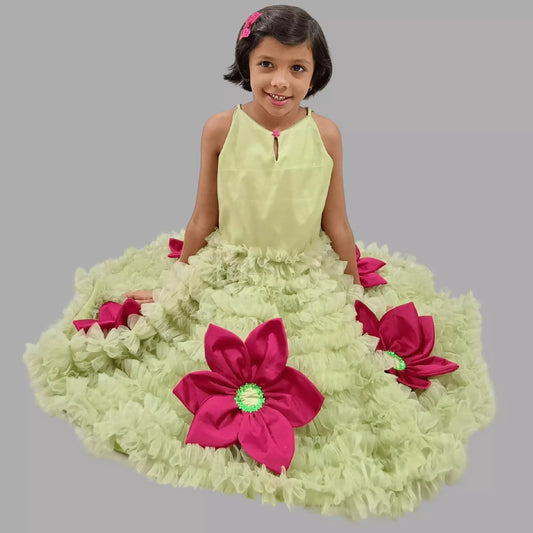 Green Flayered Frock With Pink Flowers Embellished image 0