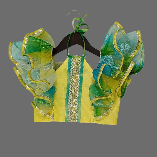 Green Ruffle Sleeves Crop Top & Lehenga image 2