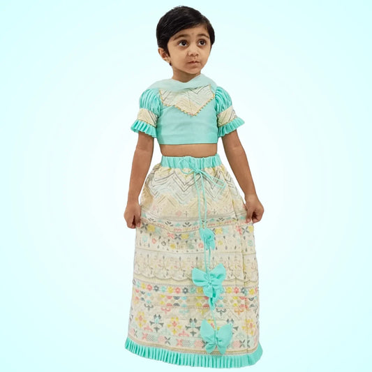 Multicolor Embroidered Lehenga And Aqua Blue Crop Top With Dupatta