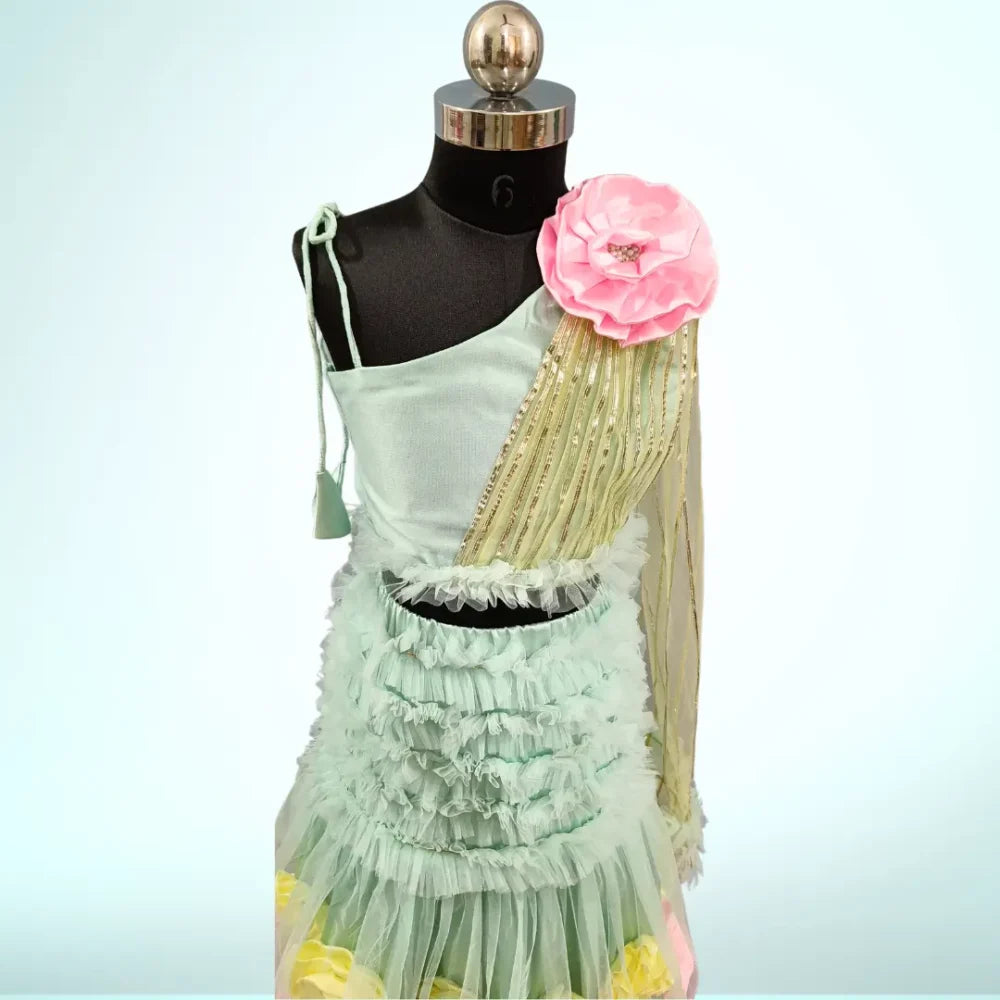 One Shoulder Sea Green Crop Top Lehenga With Dupatta for Girls