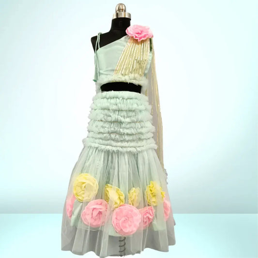 One Shoulder Sea Green Crop Top Lehenga With Dupatta for Girls