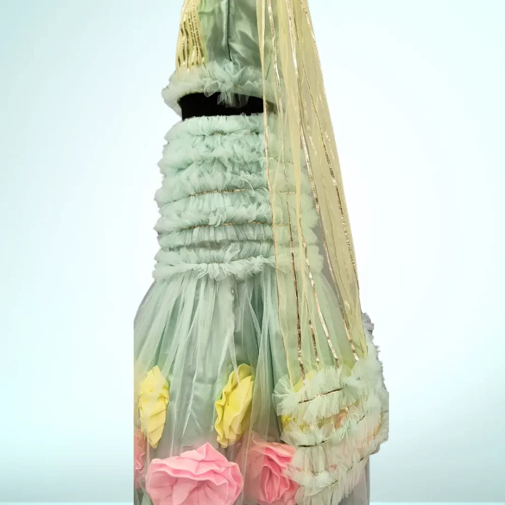 One Shoulder Sea Green Crop Top Lehenga With Dupatta for Girls