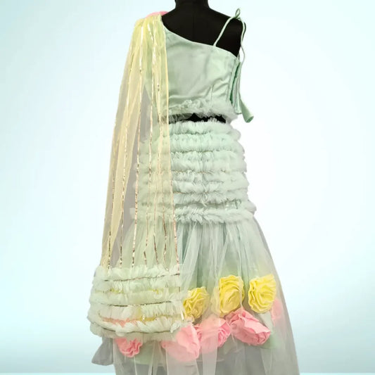 One Shoulder Sea Green Crop Top Lehenga With Dupatta for Girls