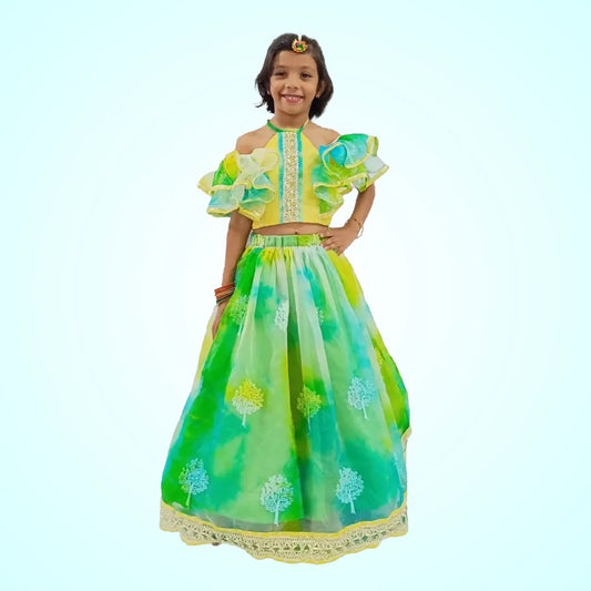Green Ruffle Sleeves Crop Top & Lehenga image 0