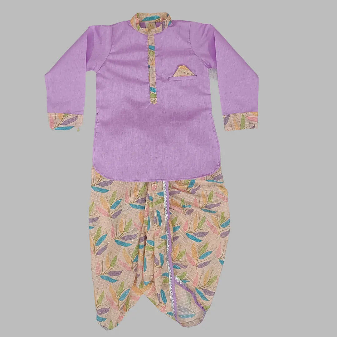 Purple Silk Kurta & Printed Dhoti For Boys image 1
