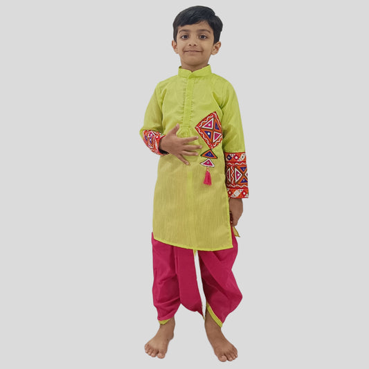 Green Kurta With Embroidered Lace Work And Red Dhoti For Boys image 0
