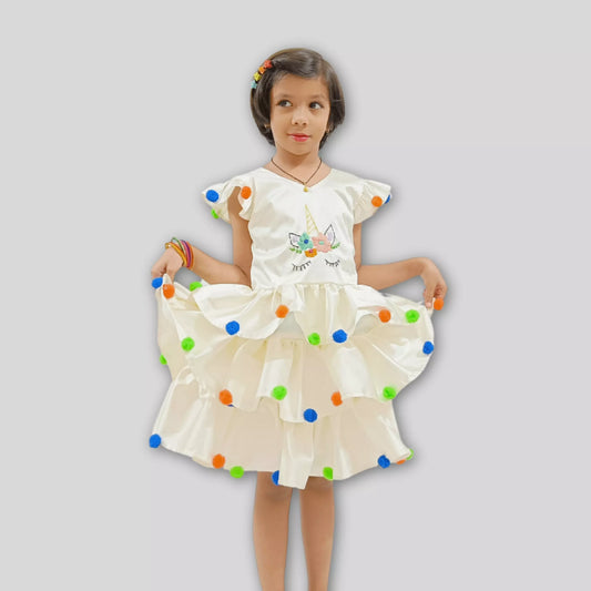 Hand Embroidered Unicorn Ruffle Layered White Frock image 0