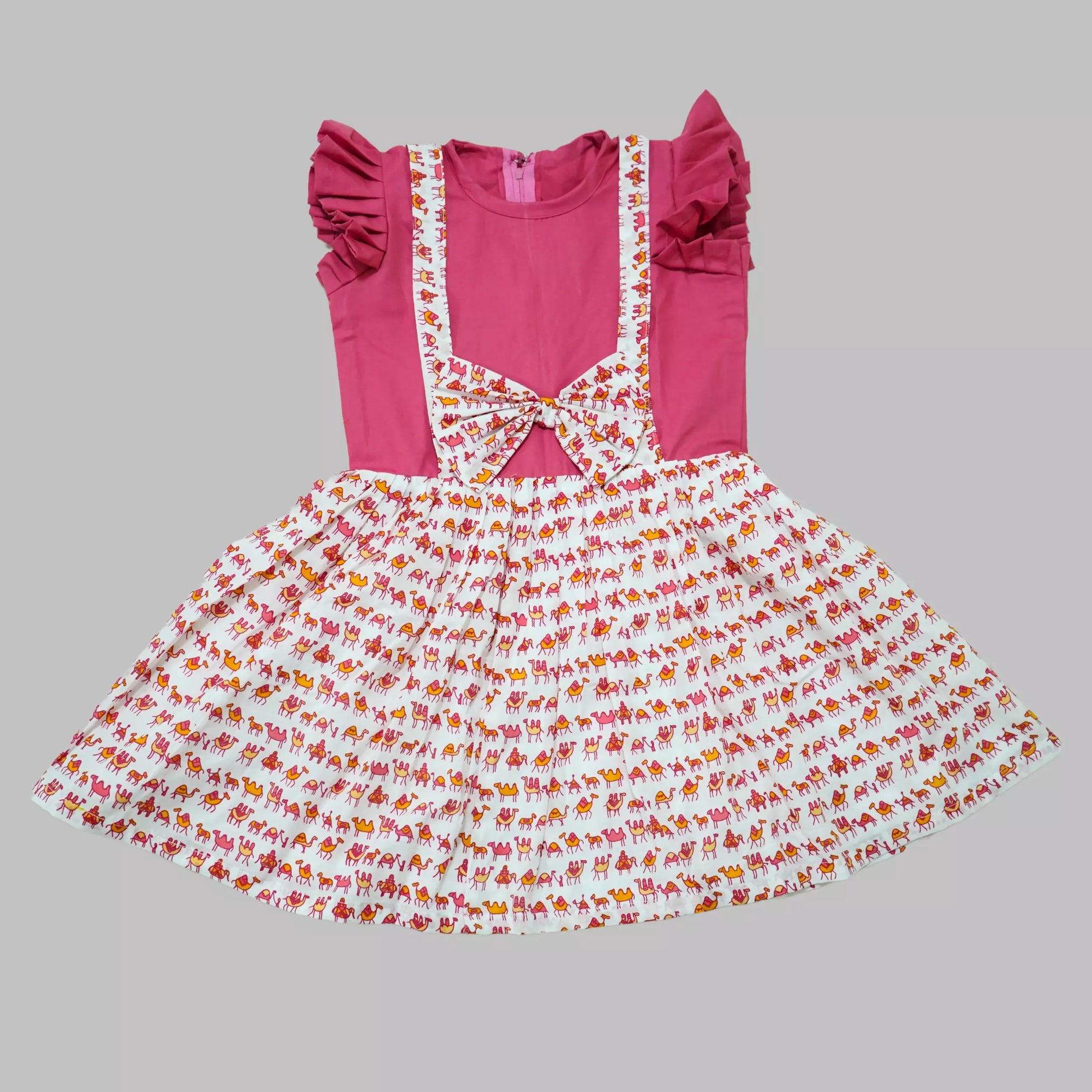Ruffled Sleeves Frock With Suspenders & Bow Applique Animal Print - Pink image 0