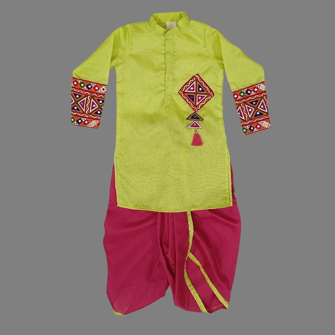 Green Kurta With Embroidered Lace Work And Red Dhoti For Boys image 3