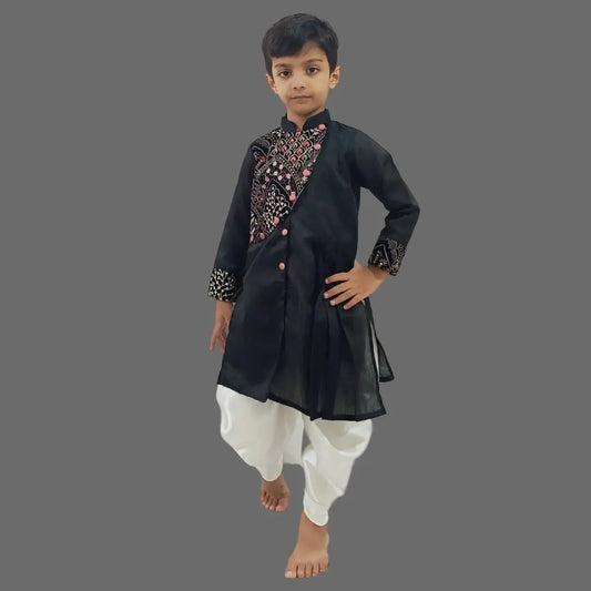 Black Embroidered Silk Kurta & Dhoti For Boys image 0