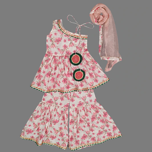 Floral Print One Shoulder Cotton Kurta With Sharara Pant For Girls image 0