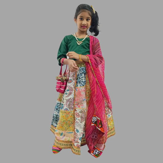 Green Crop Top And Multicolor Patch Work Silk Lehenga With Dupatta For Girls image 0