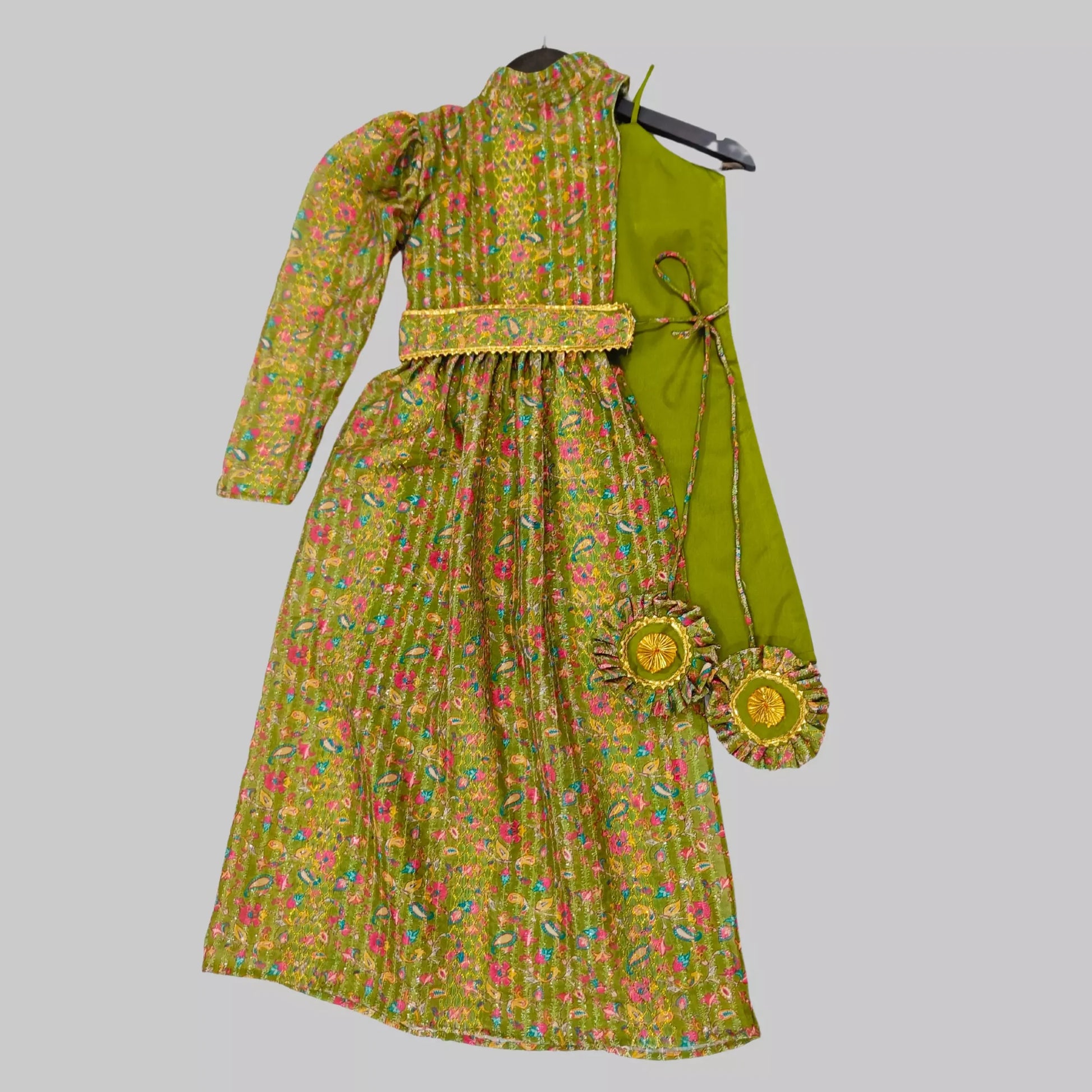 Green A Line Frock With One Shoulder Silk Jacket image 1