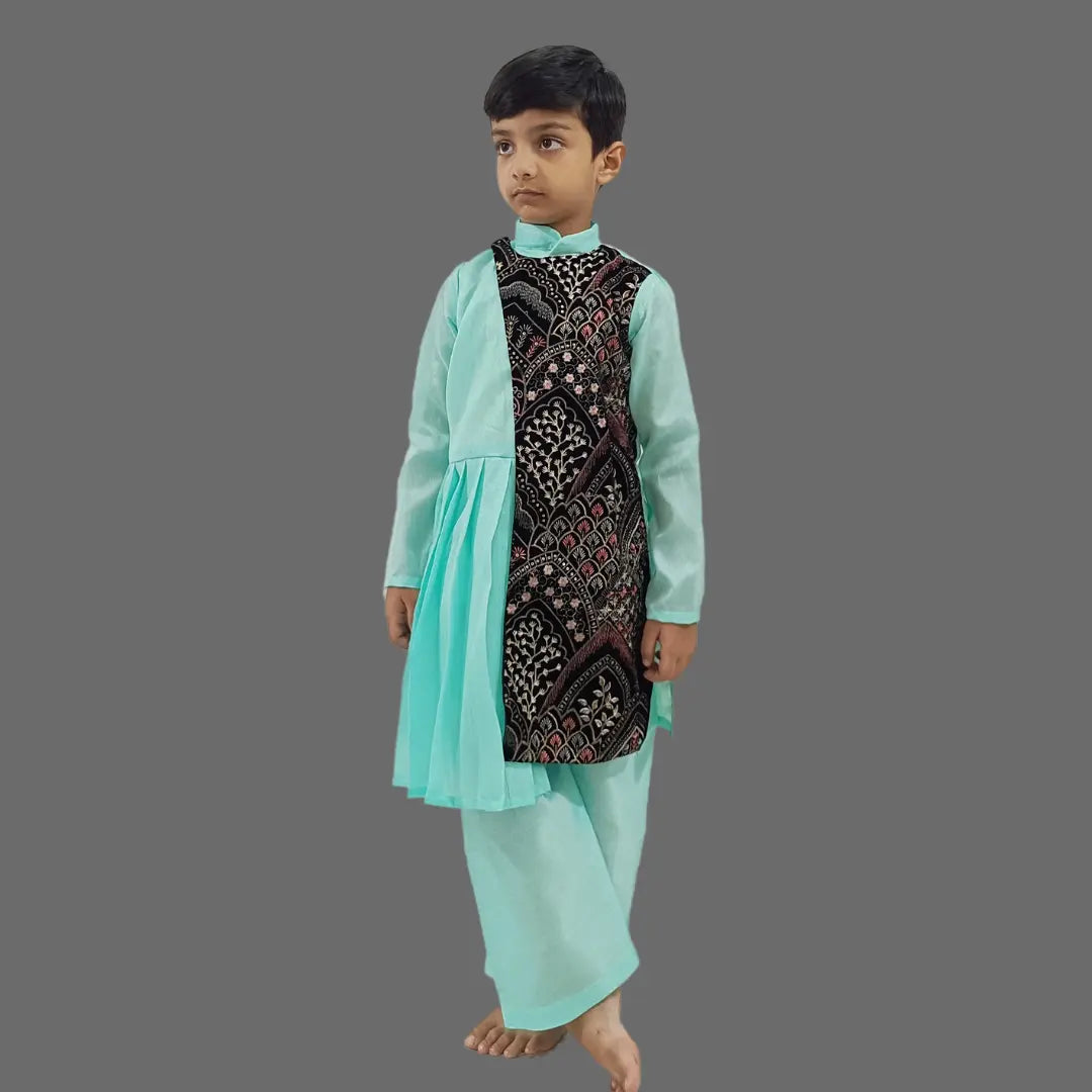 Blue Embroidered Silk Kurta & Pant For Boys image 1