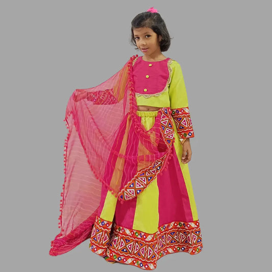 Embroidery Lace on Multicolor Crop Top & Lehenga With Dupatta For Girls image 0