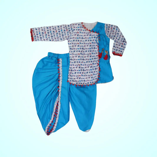 Blue Cotton Dhoti With Animal Print Kurta For Boys image 2
