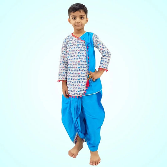 Blue Cotton Dhoti With Animal Print Kurta For Boys image 0