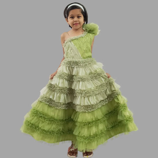 Green One Shoulder Ruffle Layered Long Gown With Moti Work image 0