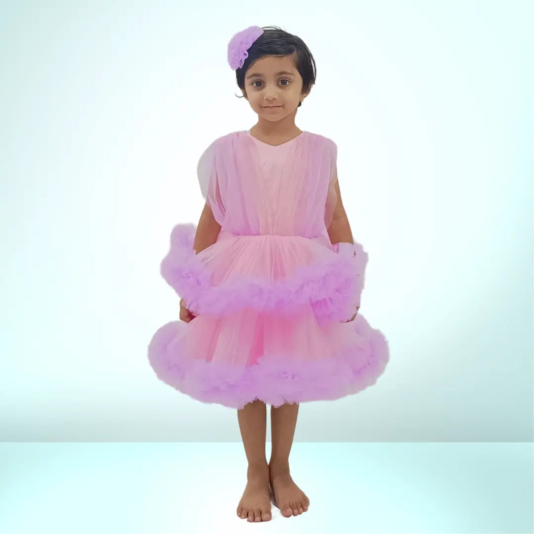 Purple Ruffle Layered Frock And Flower Hair Pin For Girls image 1