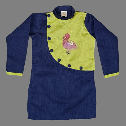 Navy Blue Flamingo Embroidered Kurta And Pant For Boys image 2