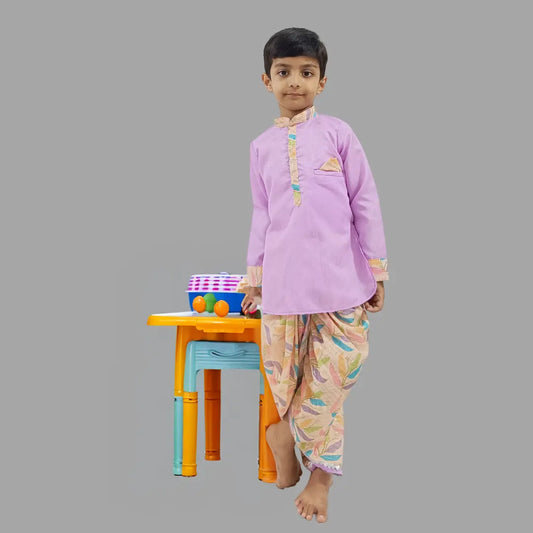 Purple Silk Kurta & Printed Dhoti For Boys image 0