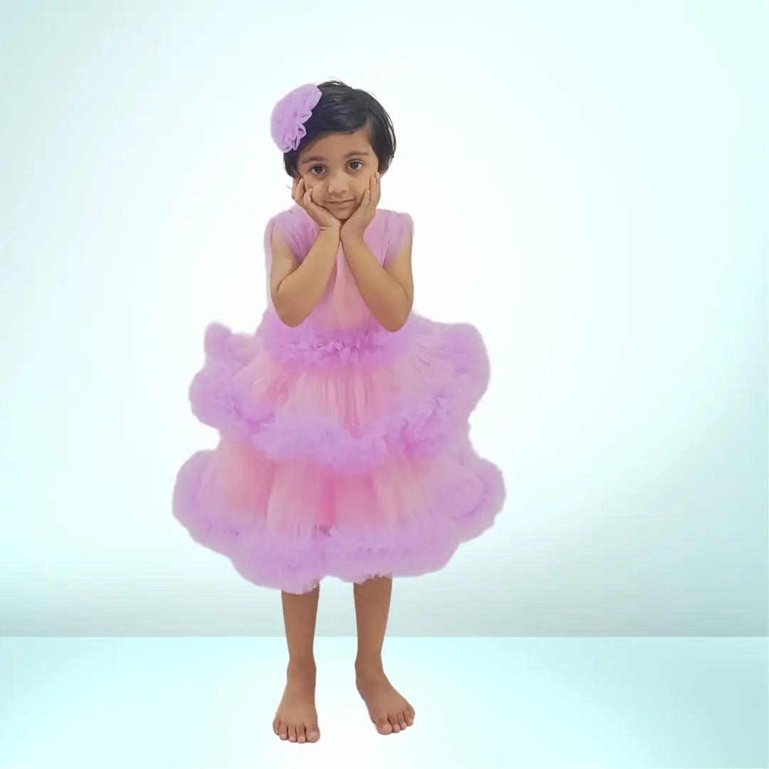 Purple Ruffle Layered Frock And Flower Hair Pin For Girls image 0