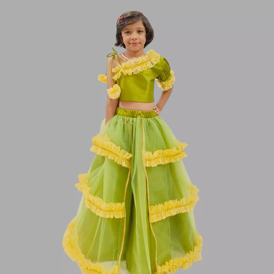 Green One Shoulder Crop Top & Lehenga image 0