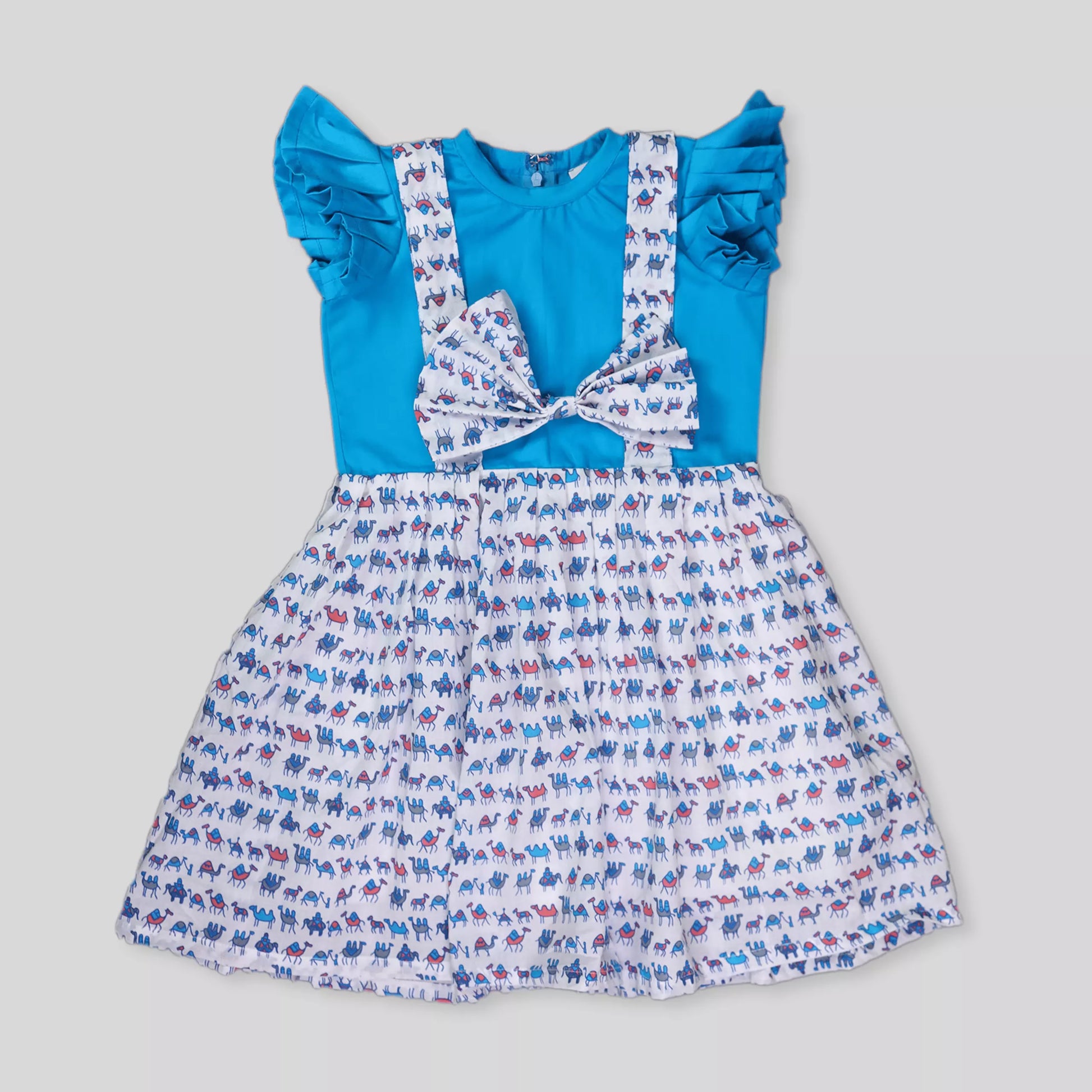 Ruffled Sleeves Frock With Suspenders & Bow Applique Animal Print - Blue image 0