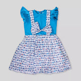 Ruffled Sleeves Frock With Suspenders & Bow Applique Animal Print - Blue image 0