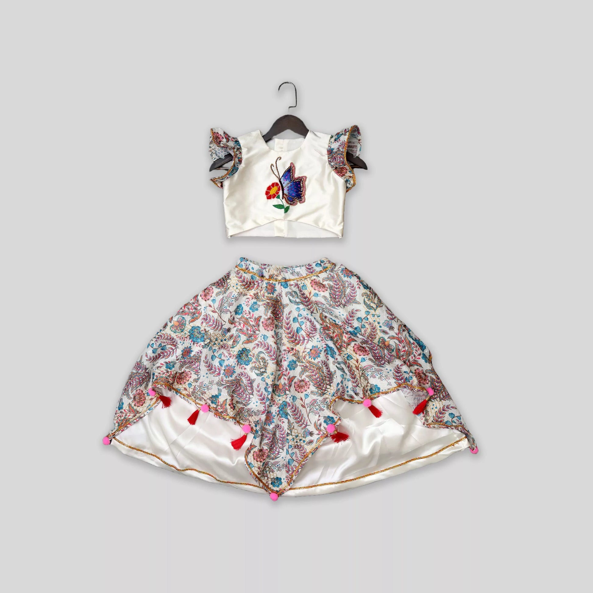 Butterfly Embroidered Crop Top And Handkerchief Printed Lehenga with Gota Work image 2