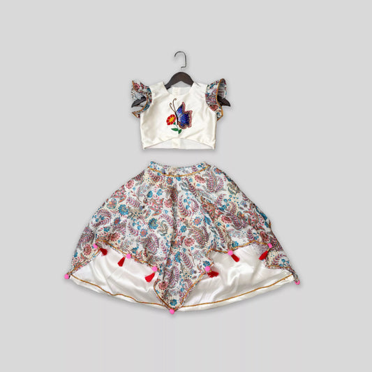 Butterfly Embroidered Crop Top And Handkerchief Printed Lehenga with Gota Work image 2