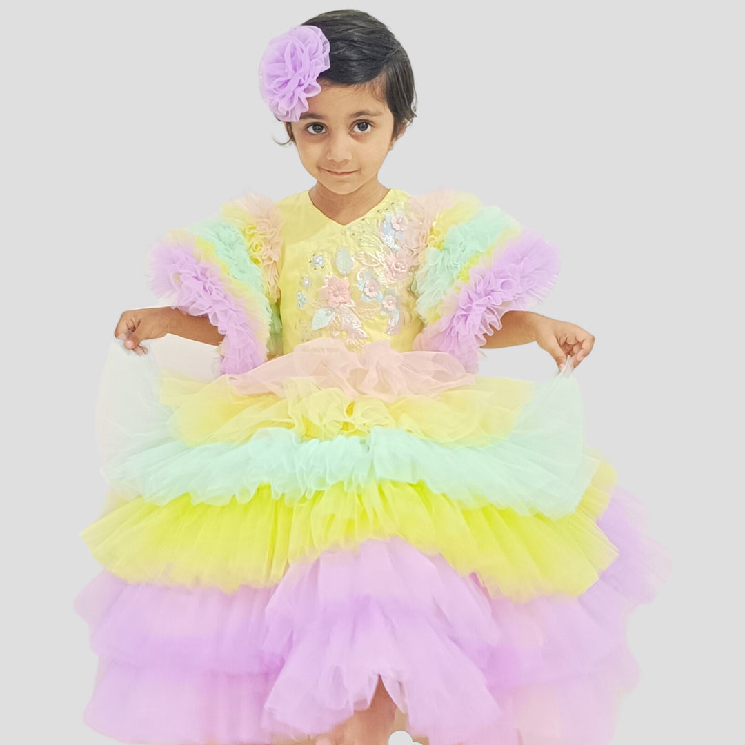 MultiColor Ruffle Layered Frock With Embroidery Work And Flower Hair Pin For Girls image 0