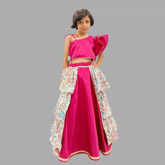 Pink One Shoulder Crop Top & Lehenga image 0