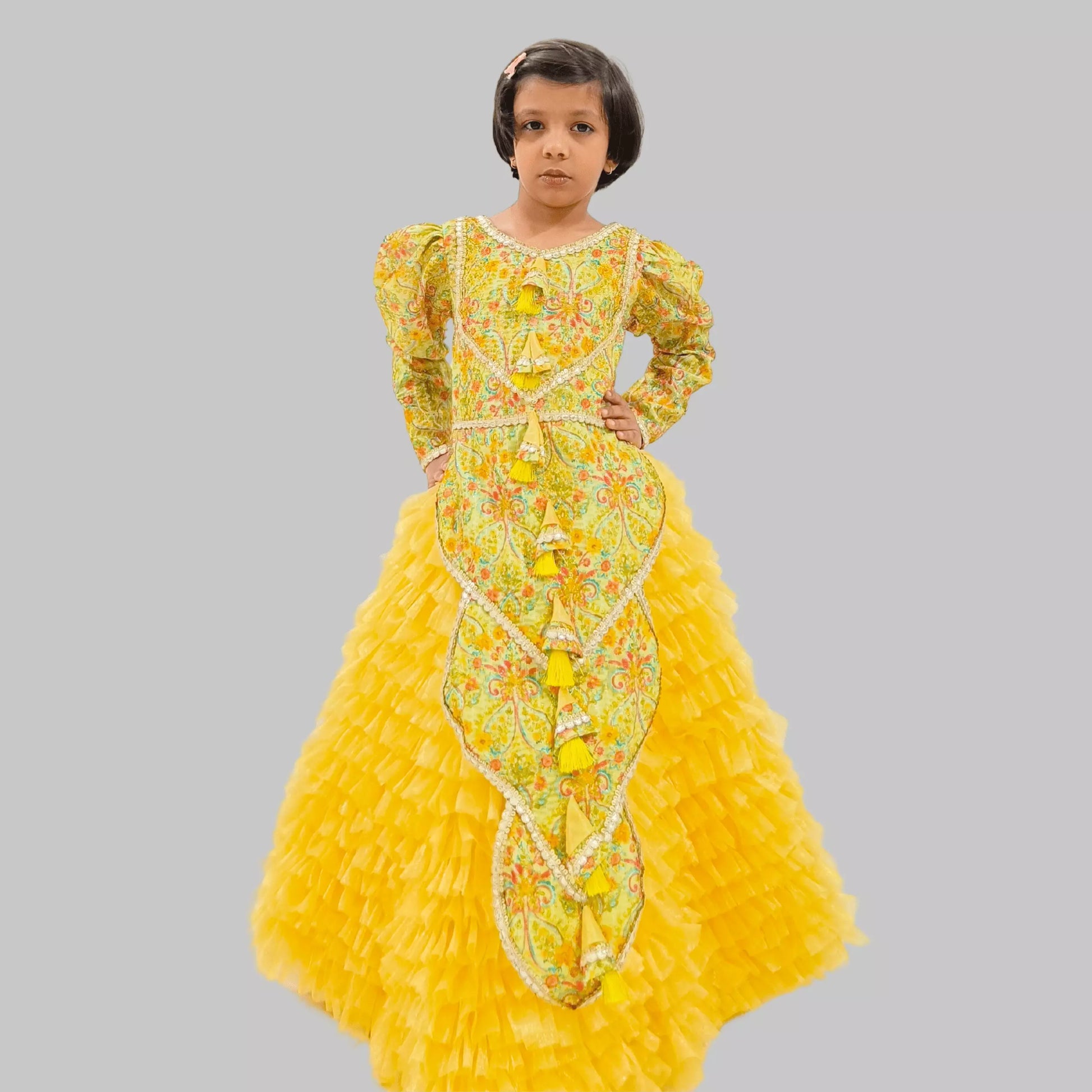 Yellow Printed Silk Kurti With Ruffle Layered Lehenga image 0