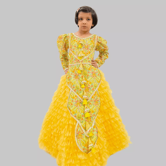 Yellow Printed Silk Kurti With Ruffle Layered Lehenga image 0