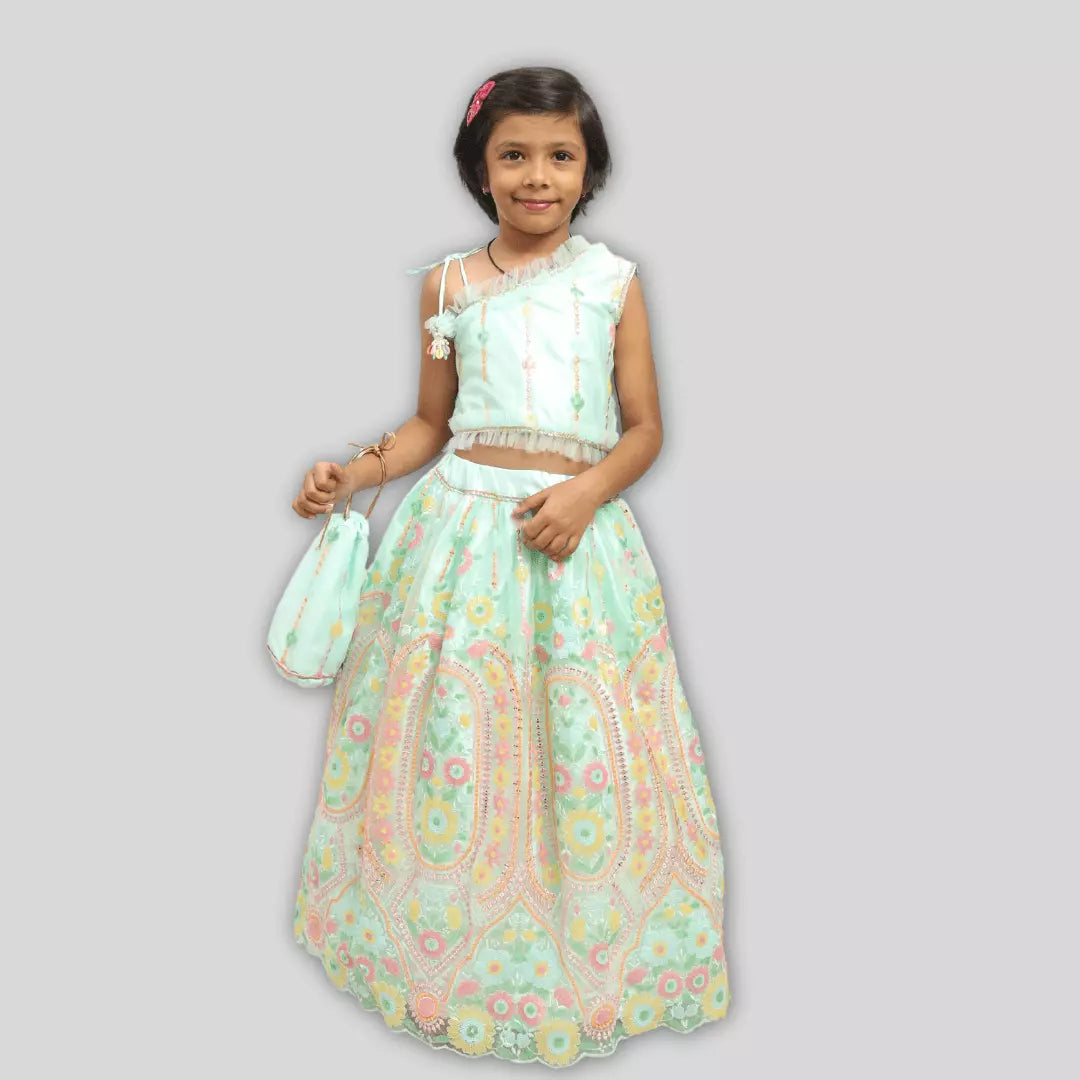 Heavy Embroidered Aqua fresh One Shoulder Top And Lehenga image 0