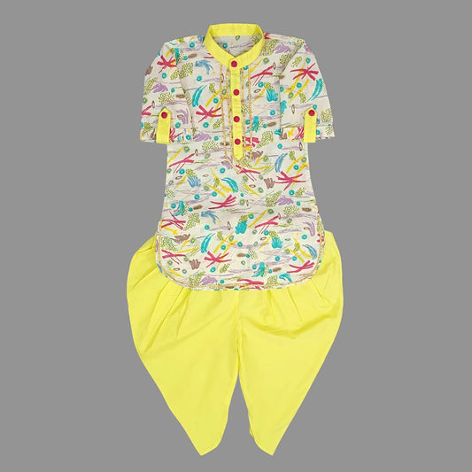 Cotton Printed Yellow Dhoti And Kurta For Boys image 0