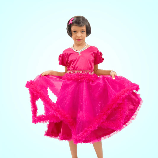 Pink Handkerchief Frock With Flower Embellished On Sleeves image 0