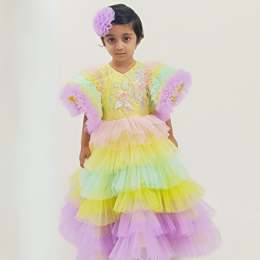 MultiColor Ruffle Layered Frock With Embroidery Work And Flower Hair Pin For Girls image 2