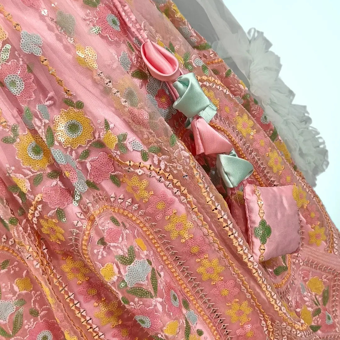 Pink Floral Embroidery Crop Top & Lehenga For Girls image 3