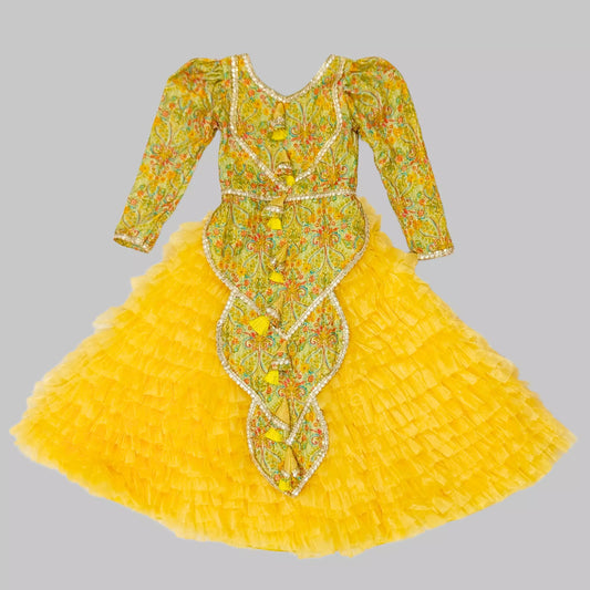 Yellow Printed Silk Kurti With Ruffle Layered Lehenga image 2