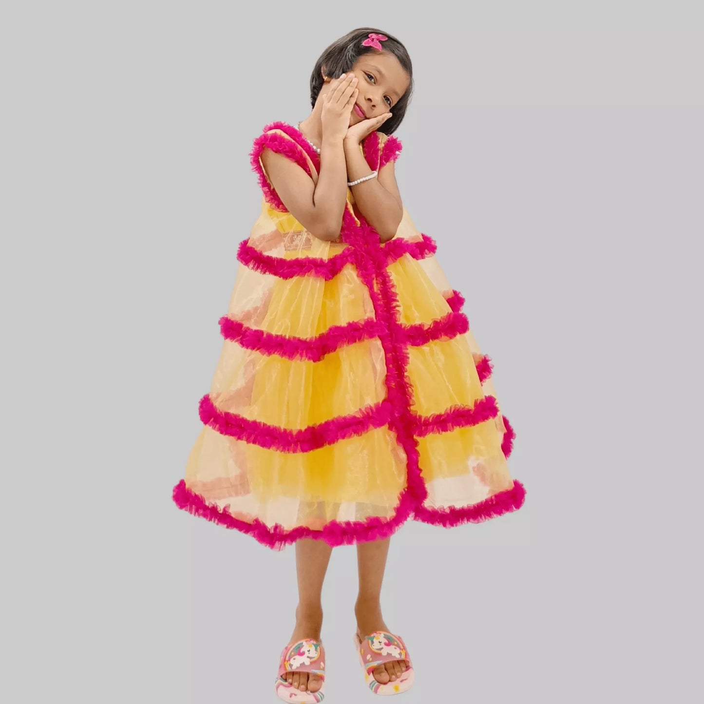 Yellow Ruffle Layered Frock With Embroidered Belt And Cape Style Jacket image 0