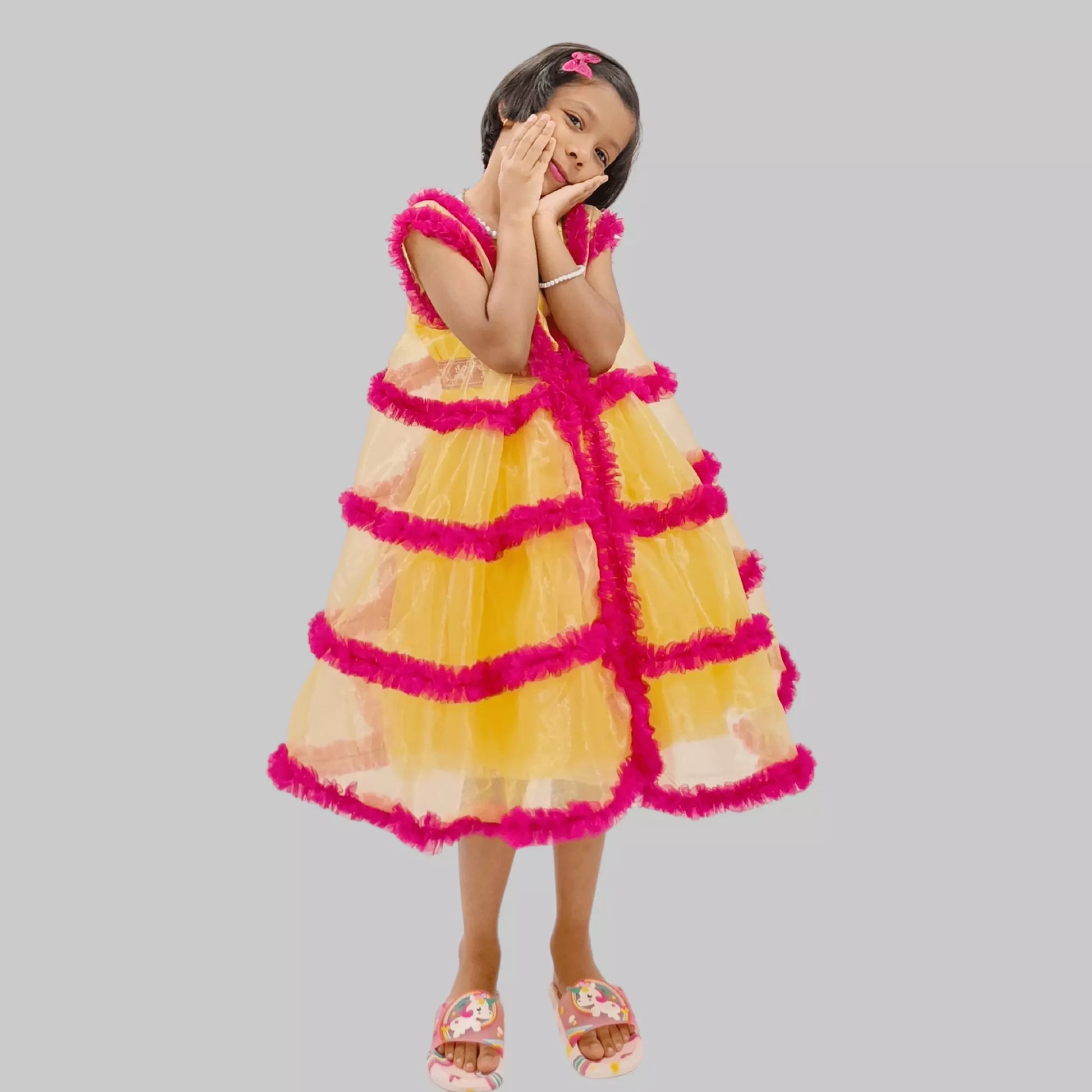 Yellow Ruffle Layered Frock With Embroidered Belt And Cape Style Jacket image 0